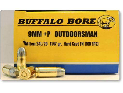 Buffalo Bore Ammunition Outdoorsman 9mm Luger +P 147 Grain Hard Cast Lead Flat Nose Box of 20