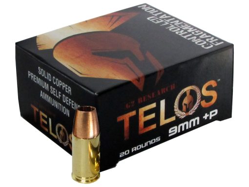 G2 Research Telos Ammunition 9mm Luger +P 92 Grain Controlled Fragmenting Hollow Point Solid Copper Lead-Free Box of 20