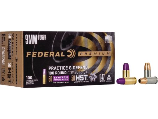 Federal Practice & Defend HST/Syntech Combo Ammunition 9mm Luger 147 Grain Jacketed Hollow Point & Total Synthetic Jacket Box of 100