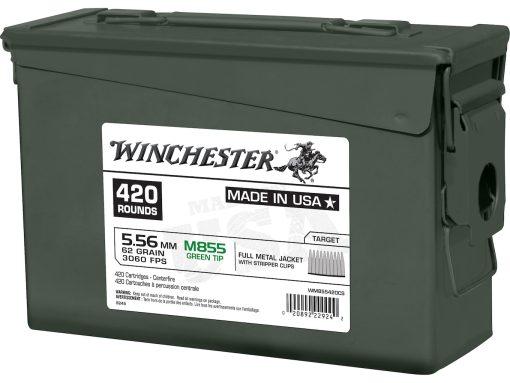 Winchester Ammunition 5.56x45mm NATO 62 Grain M855 SS109 Penetrator Full Metal Jacket Boat Tail 10 Round Clips in Ammo Can