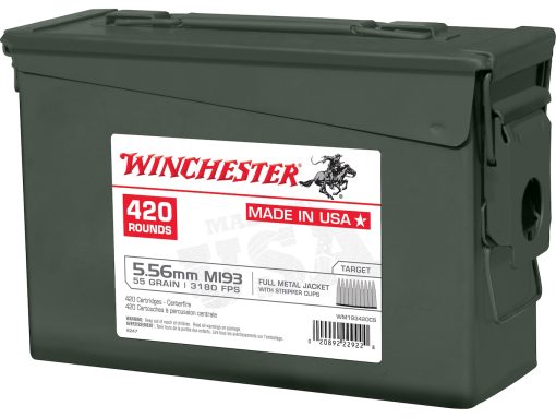 Winchester USA Ammunition 5.56x45mm NATO 55 Grain M193 Full Metal Jacket 10 Round Clips in Ammo Can