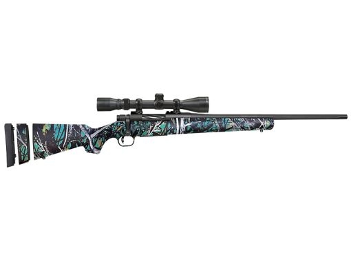 Mossberg Patriot Youth Super Bantam Bolt Action Youth Centerfire Rifle 243 Winchester 20" Fluted Barrel Blued and Muddy Girl Serenity Straight Grip With Scope